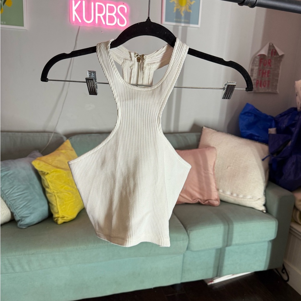 AKIRA White Ribbed Racerback Crop Top
